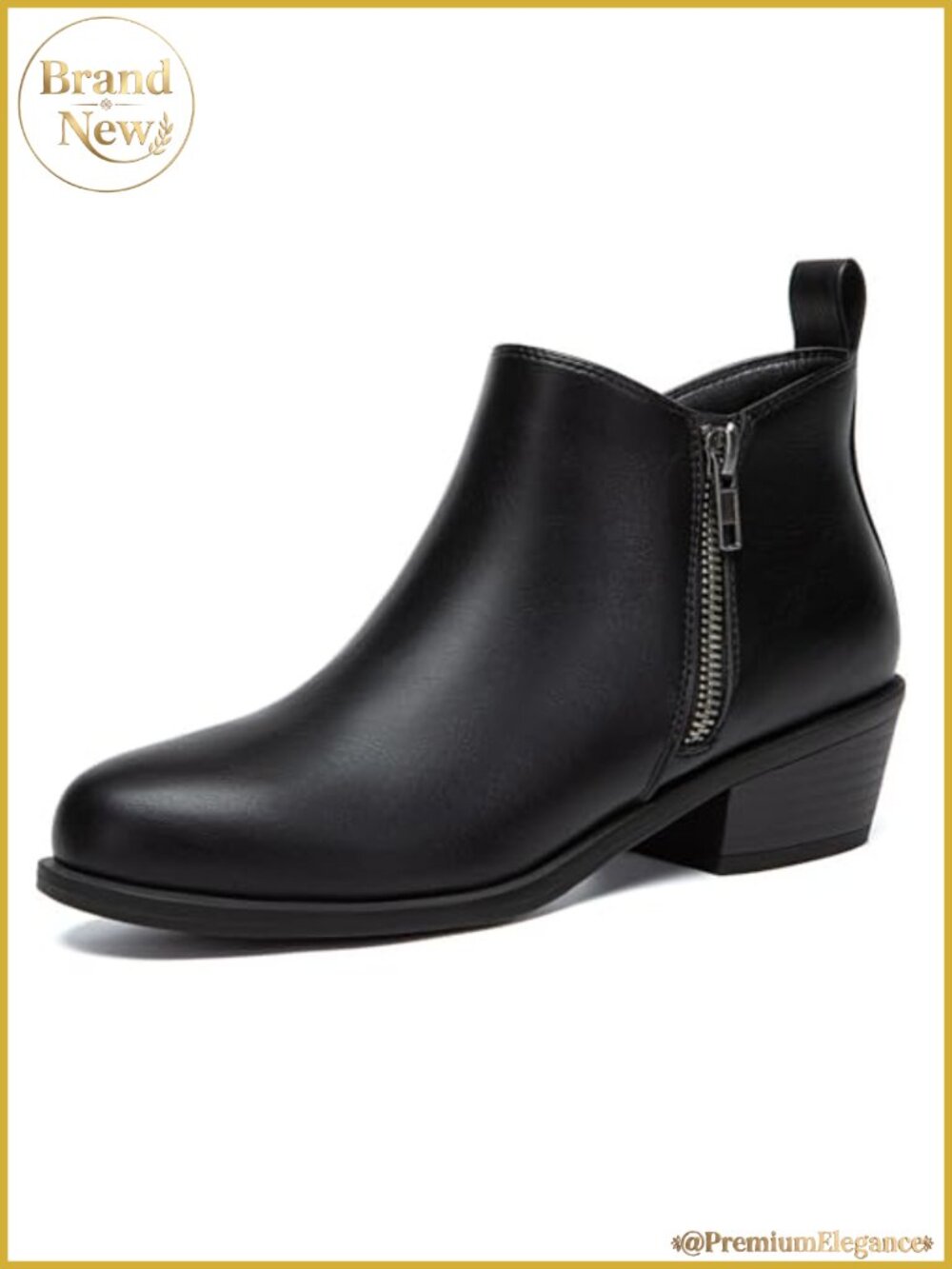Women's Chunky Low Heel Ankle Boots Side Zipper PU Leather Booties